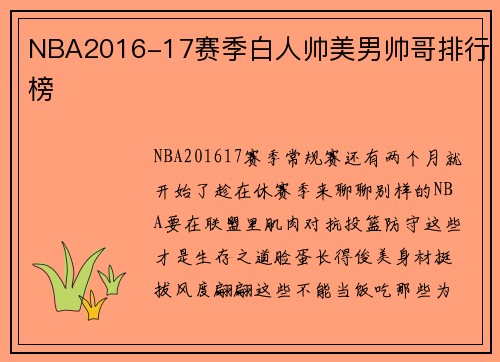 NBA2016-17赛季白人帅美男帅哥排行榜